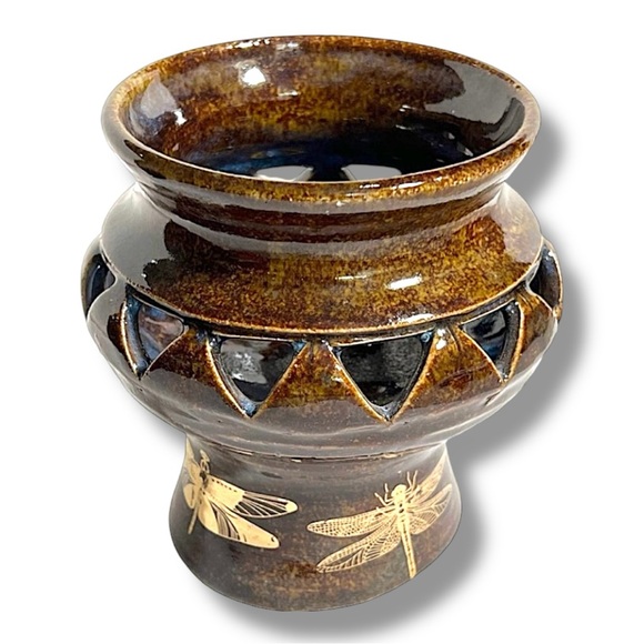 Brown Pottery Candle or Tea Light Holder & Genuine Gold Dragonflies - Picture 1 of 9